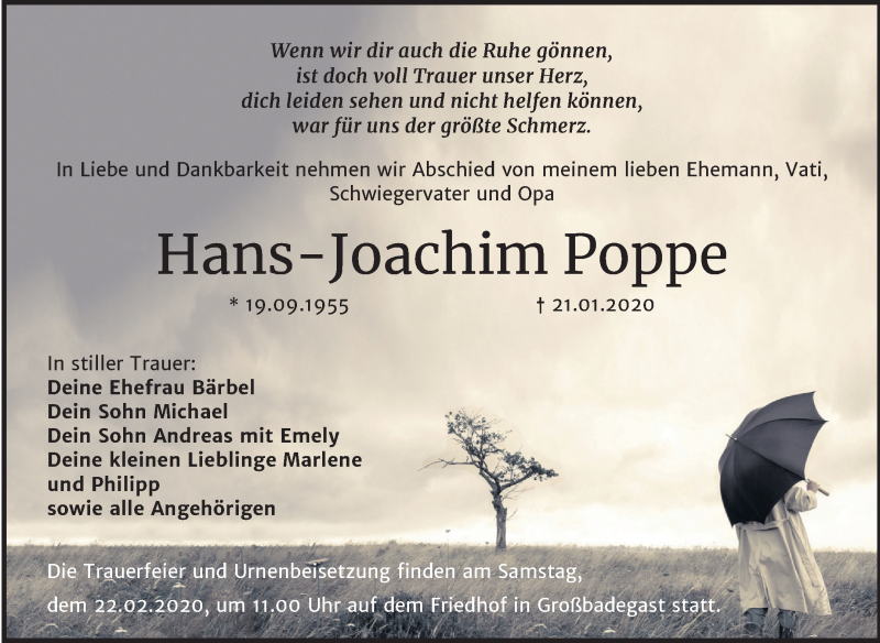  Traueranzeige für Hans-Joachim Poppe vom 01.02.2020 aus Super Sonntag Köthen