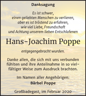 Traueranzeige von Hans-Joachim Poppe von Super Sonntag Köthen