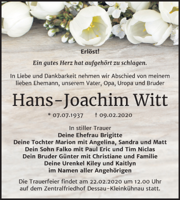 Traueranzeige von Hans-Joachim Witt von Mitteldeutsche Zeitung Dessau-Roßlau