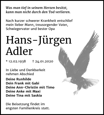 Traueranzeige von Hans-Jürgen Adler von Super Sonntag Wittenberg