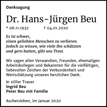 Traueranzeige von Hans-Jürgen Beu von Super Sonntag Aschersleben