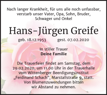 Traueranzeige von Hans-Jürgen Greife von Mitteldeutsche Zeitung Wittenberg