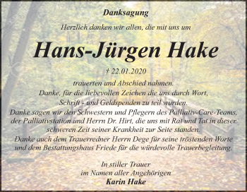 Traueranzeige von Hans-Jürgen Hake von Super Sonntag Dessau-Roßlau