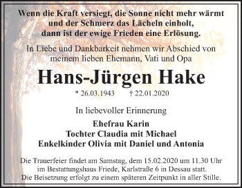 Traueranzeige von Hans-Jürgen Hake von Mitteldeutsche Zeitung Dessau-Roßlau