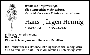 Traueranzeige von Hans-Jürgen Hennig von Mitteldeutsche Zeitung Halle/Saalkreis