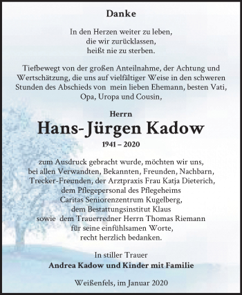 Traueranzeige von Hans-Jürgen Kadow von Mitteldeutsche Zeitung Weißenfels