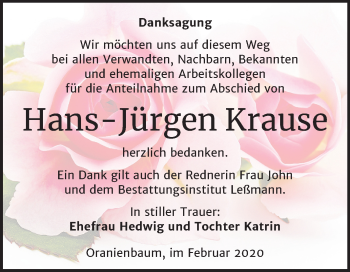 Traueranzeige von Hans-Jürgen Krause von Super Sonntag Wittenberg
