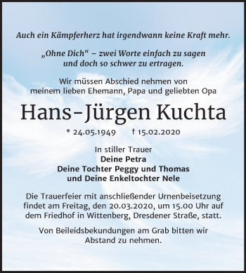 Traueranzeige von Hans-Jürgen Kuchta von Mitteldeutsche Zeitung Wittenberg