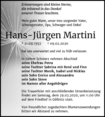 Traueranzeige von Hans-Jürgen Martini von Wochenspiegel Naumburg/Nebra