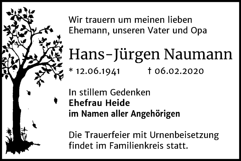  Traueranzeige für Hans-Jürgen Naumann vom 15.02.2020 aus Super Sonntag Bernburg
