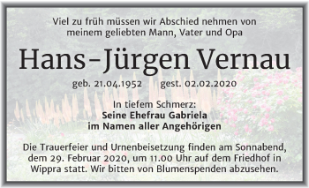 Traueranzeige von Hans-Jürgen Vernau von Mitteldeutsche Zeitung Mansfelder Land