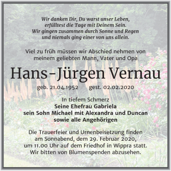 Traueranzeige von Hans-Jürgen Vernau von Super Sonntag Sangerhausen