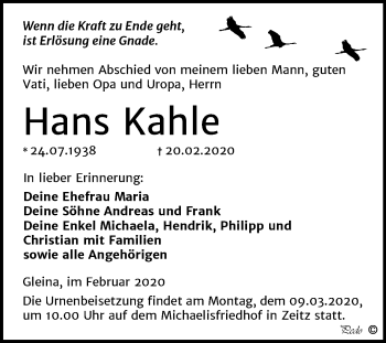 Traueranzeige von Hans Kahle von Super Sonntag Zeitz