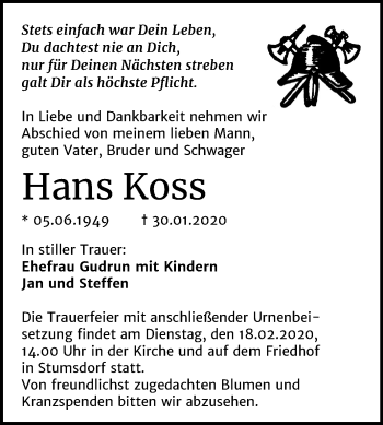 Traueranzeige von Hans Koss von Wochenspiegel Bitterfeld
