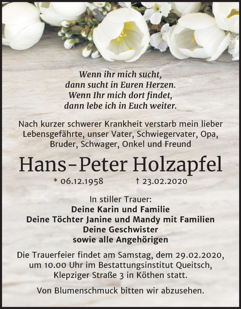  Traueranzeige für Hans-Peter Holzapfel vom 26.02.2020 aus Mitteldeutsche Zeitung Köthen