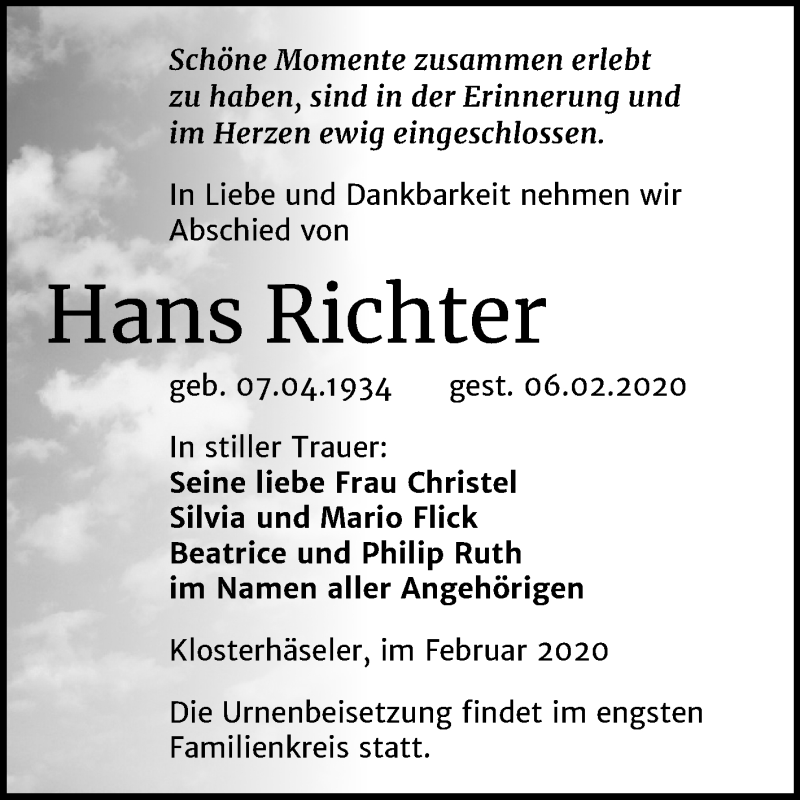  Traueranzeige für Hans Richter vom 12.02.2020 aus Wochenspiegel Naumburg/Nebra