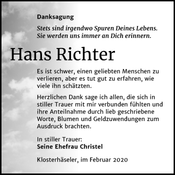 Traueranzeige von Hans Richter von Wochenspiegel Naumburg/Nebra
