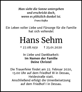 Traueranzeige von Hans Sehm von Super Sonntag Dessau-Roßlau