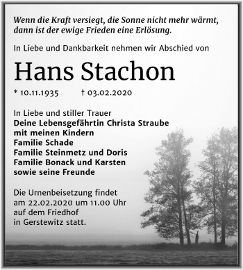 Traueranzeige von Hans Stachon von Wochenspiegel Weißenfels