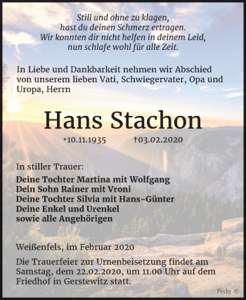 Traueranzeige von Hans Stachon von Wochenspiegel Weißenfels