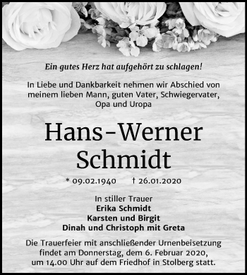 Traueranzeige von Hans-Werner Schmidt von Super Sonntag Sangerhausen