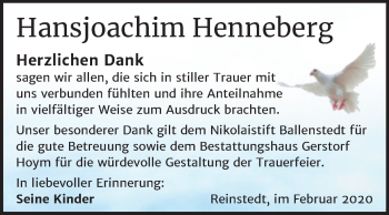 Traueranzeige von Hansjoachim Henneberg von Super Sonntag Quedlinburg