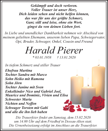 Traueranzeige von Harald Pierer von Mitteldeutsche Zeitung Dessau-Roßlau