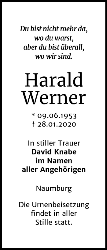Traueranzeige von Harald Werner von Wochenspiegel Naumburg/Nebra