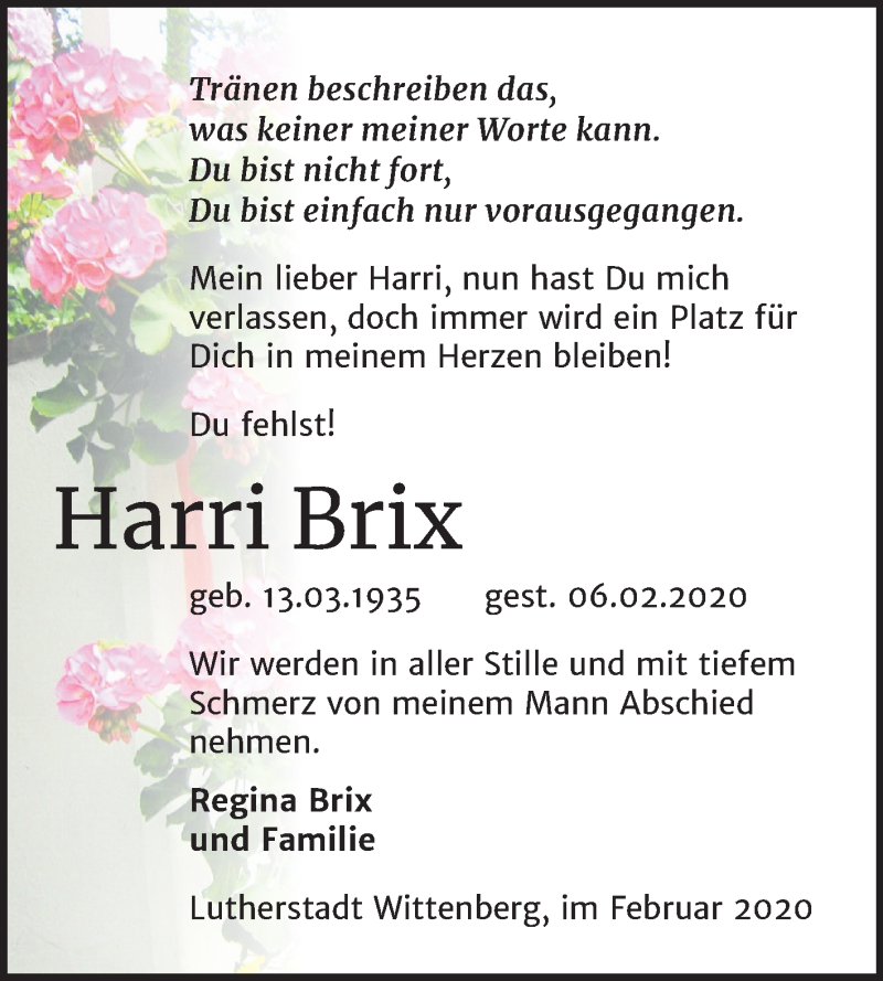  Traueranzeige für Harri Brix vom 15.02.2020 aus Super Sonntag Wittenberg