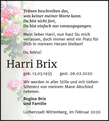 Traueranzeige von Harri Brix von Mitteldeutsche Zeitung Wittenberg