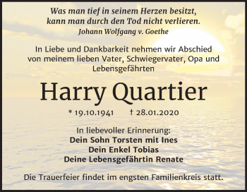 Traueranzeige von Harry Quartier von Mitteldeutsche Zeitung Halle/Saalkreis