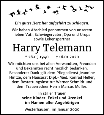 Traueranzeige von Harry Telemann von Mitteldeutsche Zeitung Quedlinburg