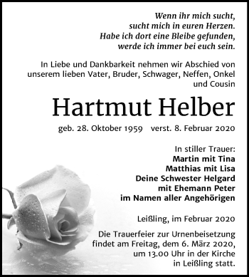 Traueranzeige von Hartmut Helber von Wochenspiegel Weißenfels