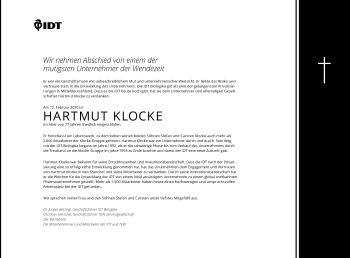Traueranzeige von Hartmut Klocke von Mitteldeutsche Zeitung Dessau-Roßlau / Wittenberg