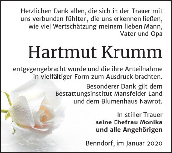 Traueranzeige von Hartmut Krumm von Wochenspiegel Mansfelder Land
