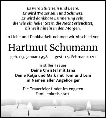 Traueranzeige von Hartmut Schumann von Mitteldeutsche Zeitung Zeitz