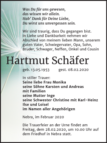 Traueranzeige von Hartmut Schäfer von Wochenspiegel Naumburg/Nebra