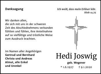 Traueranzeige von Hedi Joswig von Mitteldeutsche Zeitung Aschersleben