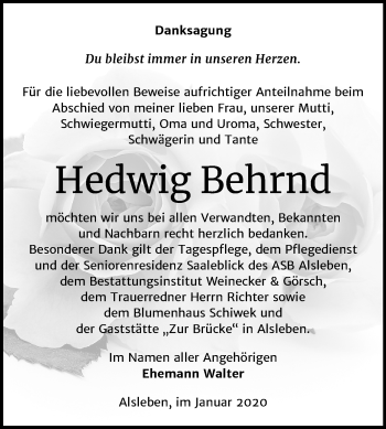Traueranzeige von Hedwig Behrnd von Super Sonntag Bernburg
