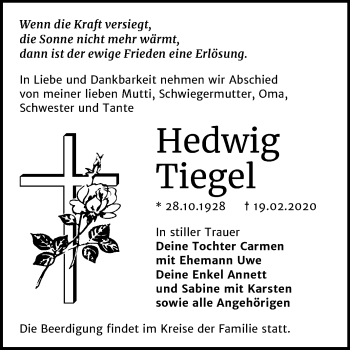 Traueranzeige von Hedwig Tiegel von Mitteldeutsche Zeitung Bitterfeld