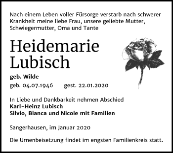 Traueranzeige von Heidemarie Lubisch von Super Sonntag Sangerhausen