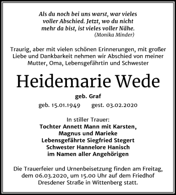 Traueranzeige von Heidemarie Wede von Mitteldeutsche Zeitung Wittenberg