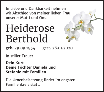 Traueranzeige von Heiderose Berthold von Mitteldeutsche Zeitung Sangerhausen