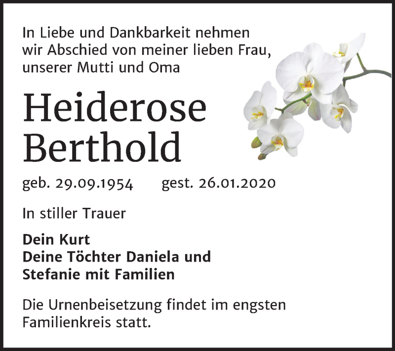  Traueranzeige für Heiderose Berthold vom 01.02.2020 aus Super Sonntag Sangerhausen