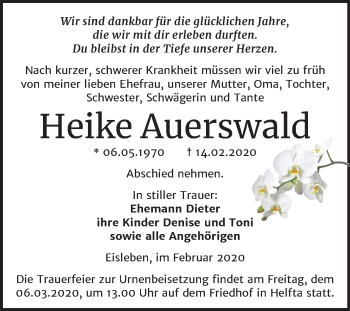 Traueranzeige von Heike Auerswald von Super Sonntag Mansfelder Land