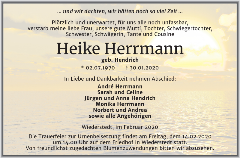  Traueranzeige für Heike Herrmann vom 08.02.2020 aus Super Sonntag Mansfelder Land