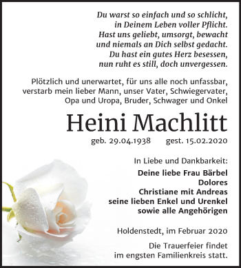 Traueranzeige von Heini Machlitt von Super Sonntag Sangerhausen