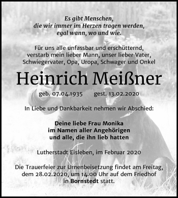 Traueranzeige von Heinrich Meißner von Super Sonntag Mansfelder Land