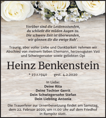Traueranzeige von Heinz Benkenstein von Super Sonntag Merseburg/Querfurt