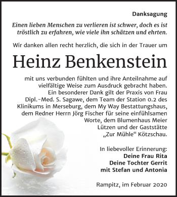 Traueranzeige von Heinz Benkenstein von Mitteldeutsche Zeitung Merseburg/Querfurt